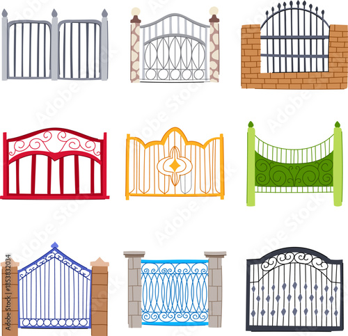 Assorted gates and decorative fences designs featuring different styles and materials, providing various entry points and security solutions for residential properties, gardens, and homes
