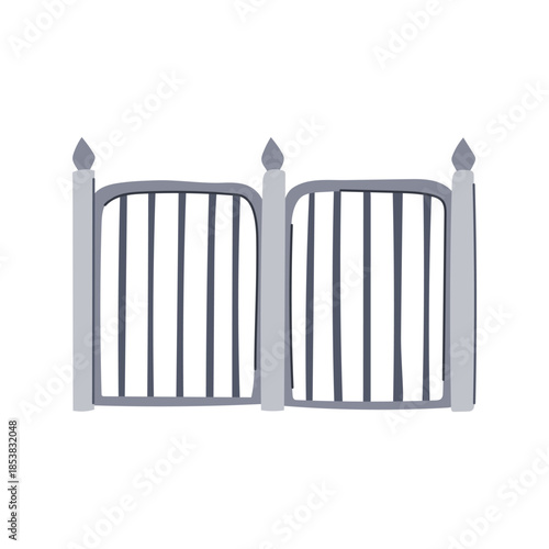 Grey iron gate with two vertical bar panels, minimalist vector illustration of an entrance or barrier on a clean white background, symbolizing access, security and boundary