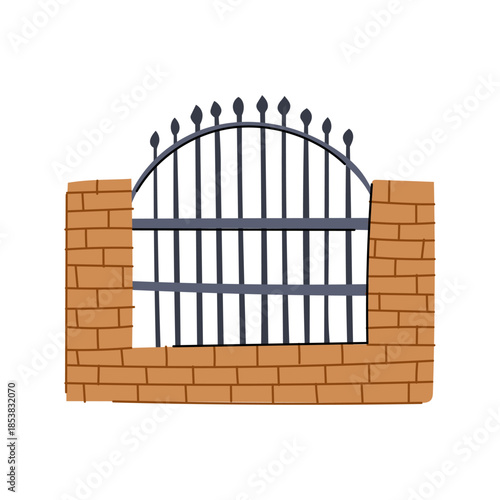 Section of an architectural barrier featuring a curved black wrought iron fence or gate with spikes and supporting brickwork, creating a secure boundary element