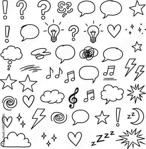 Manga expression, comic design elements, cartoon speech bubbles and emotion symbols, Speech bubbles, stars and swirls, lightning, doodle elements collection