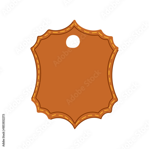Brown leather like shield shaped label featuring decorative stitching around the border and a hole at the top, representing authenticity, quality, and craftsmanship