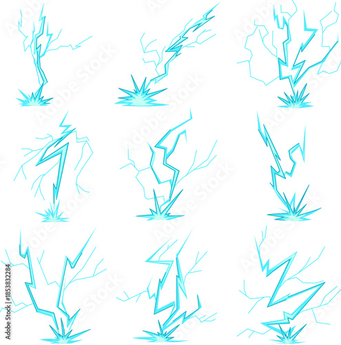 Collection of stylized lightning effects illustrating powerful electric discharges hitting the ground, creating bright blue explosions and energy bursts suitable for graphic design and animation