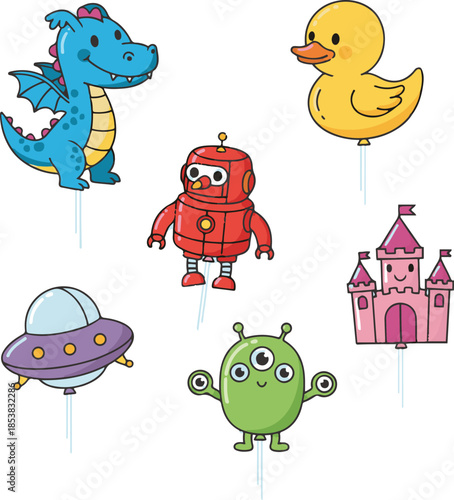 Cartoon character balloons vector illustration set. A collection of six cute and colorful floating balloons shaped like a blue dragon, yellow duck, red robot, pink castle, purple UFO, and green alien.