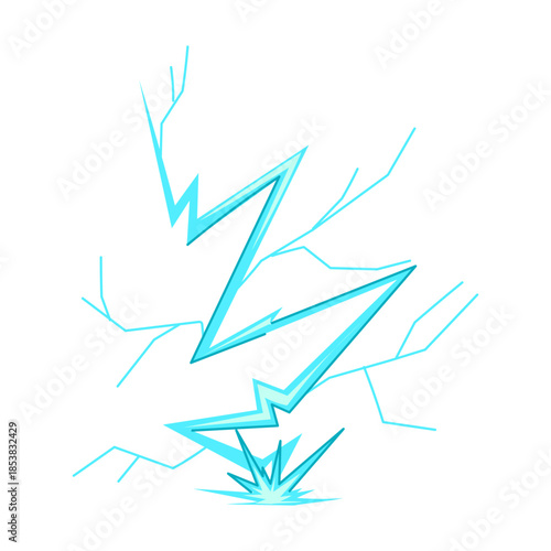 Stylized lightning bolt striking a surface, creating radiating energy splashes and additional electric arcs, representing powerful electric discharge and fast energy transfer concept