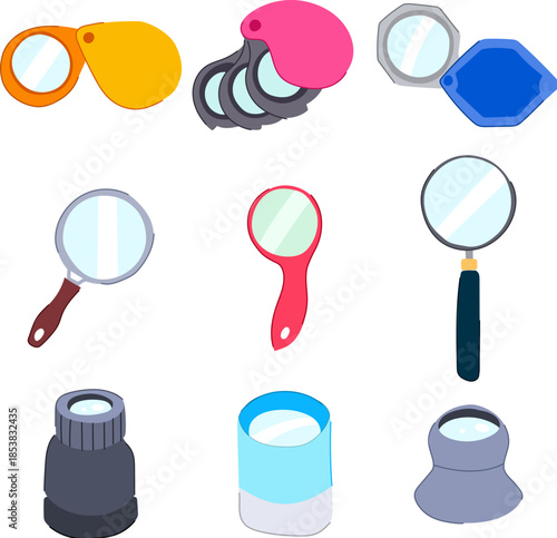 Collection of various magnifying glasses and loupes representing concepts of search, discovery, exploration, inspection, examination, and finding details with enhanced clarity
