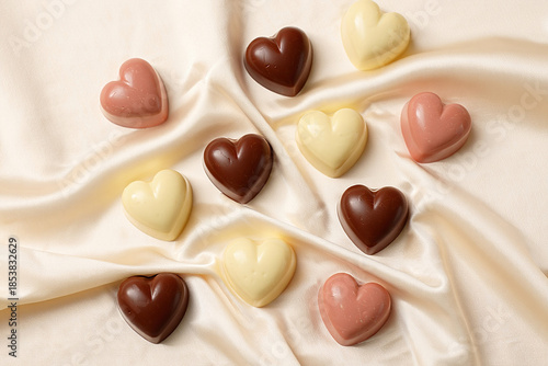 Assorted heart-shaped chocolates on silk