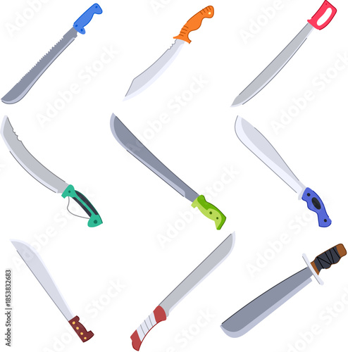 Many different types of machetes and heavy duty knives are arranged together, showcasing an assortment of tools for clearing vegetation, survival, and adventure activities