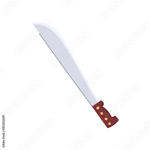 Machete tool featuring a long, sharp blade and brown handle, representing concepts of exploration, survival, adventure, and clearing vegetation on a clean background
