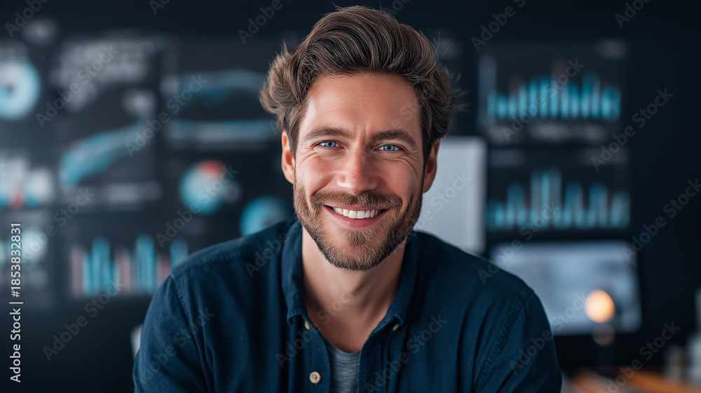 Fototapeta premium Faceless smiling man in blue in front of charts, happy analyst professional, positive business intelligence worker, satisfied data professional, defocused face with dashboard backdrop, with copy