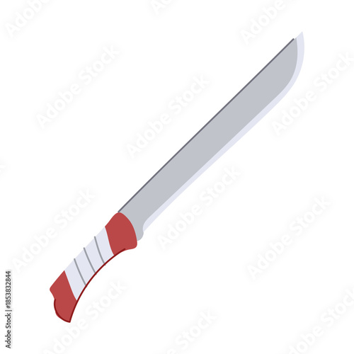 Machete knife presenting a long, sharp metal blade with a prominent red and white striped handle, illustrating concepts of cutting, danger, survival, and outdoor work
