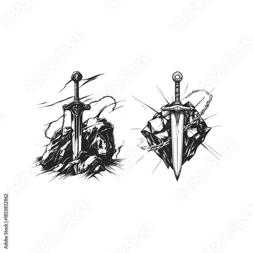 Vintage hand-drawn engraving of a legendary medieval sword thrust into a rugged rock with tattered ribbons fluttering from the hilt, depicted in a detailed monochrome style.