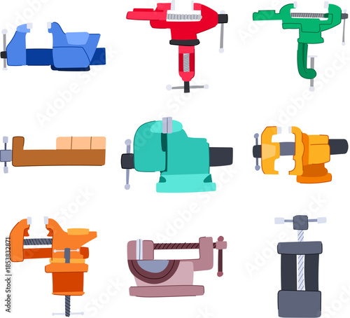 Collection of colorful vises representing various types of hand tools used for securely clamping, gripping, and holding workpieces in workshops and for diy projects