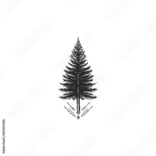 Vintage hand-drawn engraving of a tall, symmetrical pine forest tree featuring minimalist geometric tribal symbols and arrows at its base in a clean monochrome style.