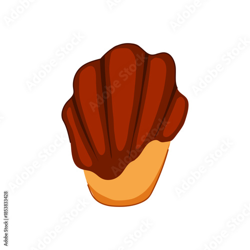 Madeleine cake, a traditional french confectionery, featuring its classic shell shape partially covered in rich chocolate creating a tempting illustration of a delicious sweet treat