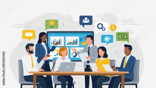 Diverse team collaborates in a modern business meeting with charts and data displayed on a large screen.