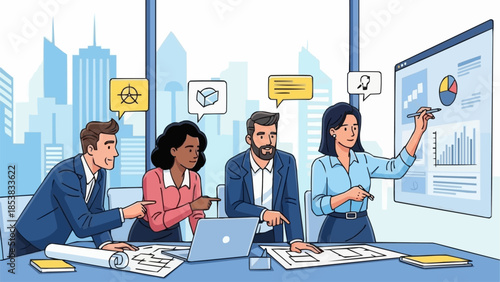 Diverse business team collaborates on a project presentation in a modern office setting.