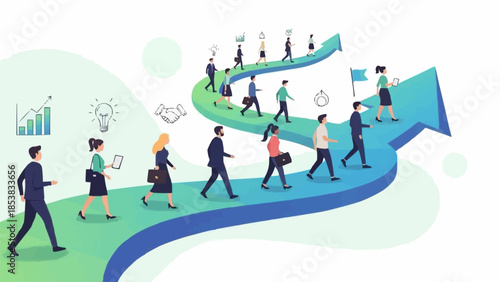 Diverse group of professionals walking up an upward trending arrow representing career growth and success.