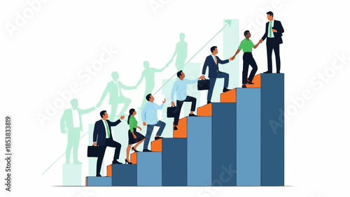 Diverse group of professionals climbing stairs representing career growth and teamwork.