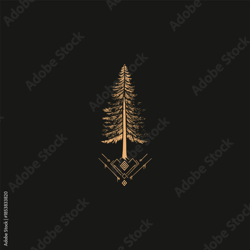 Vintage hand-drawn engraving of a tall, symmetrical pine forest tree featuring minimalist geometric tribal symbols and arrows at its base in a clean monochrome style.
