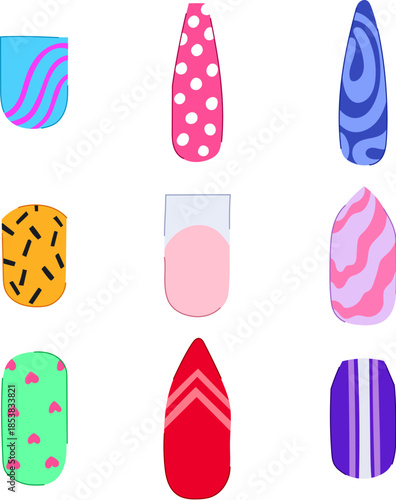 Collection of different artificial nails presenting a variety of colorful patterns and shapes, illustrating diverse options for modern nail art and manicure fashion
