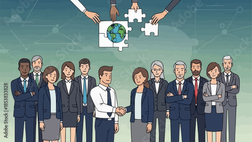 Business people collaborating to solve global challenges with teamwork.