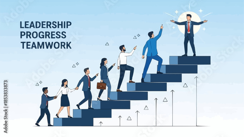 Teamwork and Leadership Progress Climbing Stairs Towards Success.