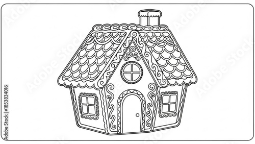 Detailed illustration of a gingerbread house with icing decorations and a chimney on a white background for christmas or holiday themed coloring pages and festive baking