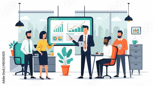 Business meeting with diverse team presenting data on screen.