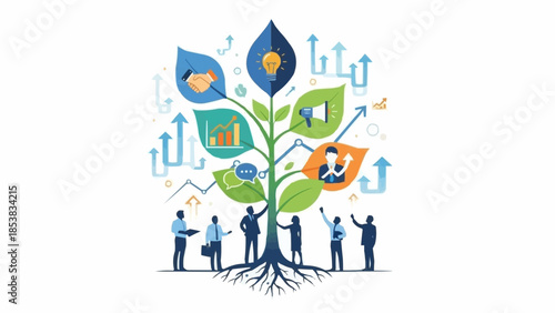 Business Growth Tree with People and Icons Representing Success.