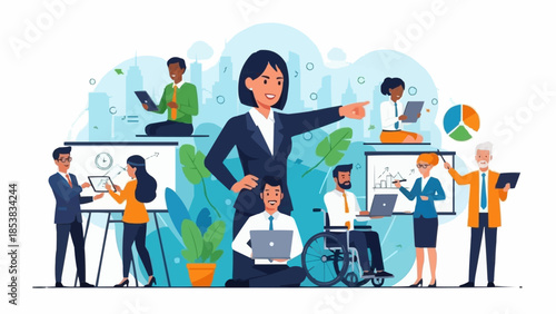 Diverse team collaborating in a modern office setting with a strong female leader.
