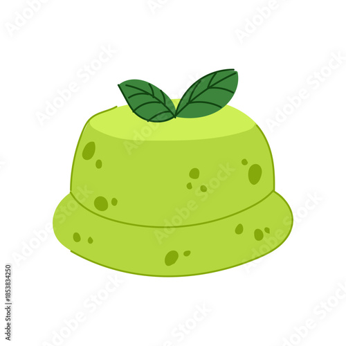 Matcha pudding or jelly dessert presenting a vibrant green color and garnished with fresh mint leaves, representing healthy, sweet, and refreshing asian confectionery