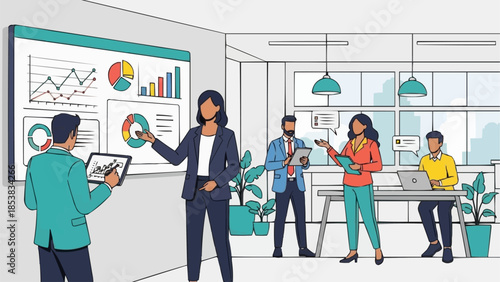 Business meeting with presentation and data analysis.