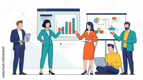 Business team presenting data and strategy in a modern office setting.