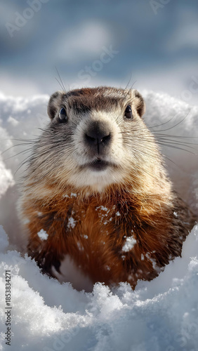 Playful Groundhog Emerging from Snowy Burrow in Soft Winter Sunlight