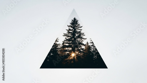 Triangular forest landscape with pine trees at sunset, natural scenery with triangular shape cutout