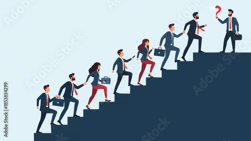 Team of professionals climbing stairs towards success led by a determined leader.