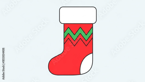 A vibrant red christmas stocking with green zigzag pattern and white cuff on a light blue background for holiday decoration