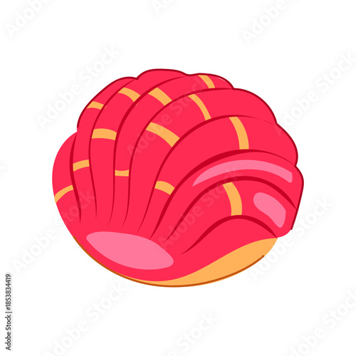 Mexican concha sweet bread vector illustration showing a pink sugar topped pan dulce with shell like stripes on white background, ideal for bakery, menu or culinary designs