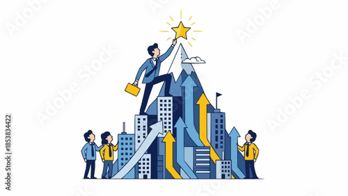 Business leader reaching for star atop mountain of success with team.