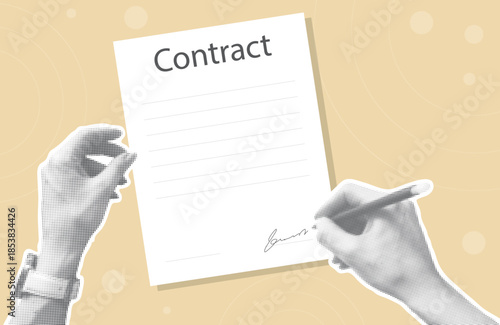 Personal signature collage style illustration. Female hands signing document with word contract. Employment, contractual obligations, official papers concept. Vector graphics