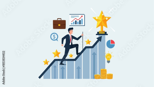 Businessman climbing stairs towards success and achievement.