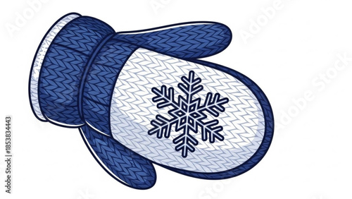 Blue winter glove with snowflake design on white background, cold weather accessory, snowflake patterned mitten for frosty days