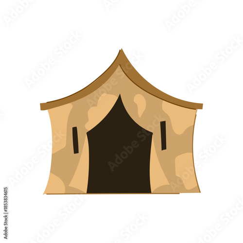 Army tent symbolizing military encampment and temporary shelter for soldiers, survival, disaster relief or expedition, simple beige illustration on white background, vector icon