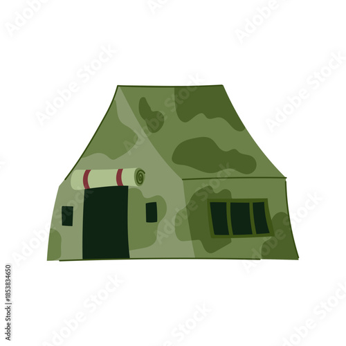 Camouflage army tent standing on white background, simple flat illustration of temporary military shelter for soldiers, field camp, emergency or training operations