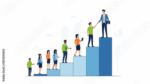Business people climbing stairs to success shaking hands at the top.