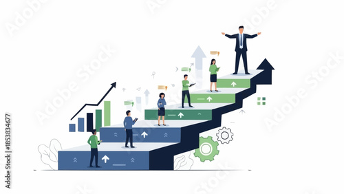 Business people climbing stairs representing career growth and success.