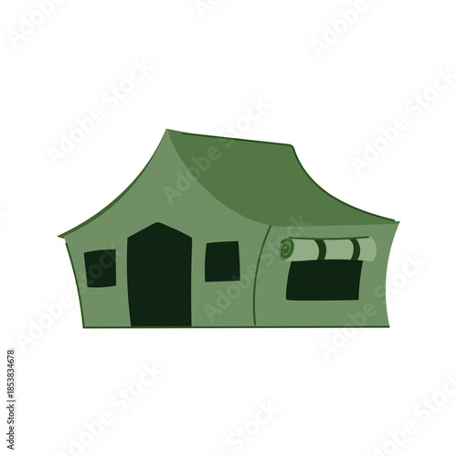 Green military tent illustration on white background, ideal for camping, army encampments, emergency shelter or temporary housing portable field accommodation symbol in flat vector style