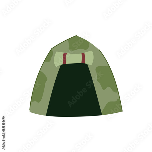 Camouflage tent graphic depicting a shelter for soldiers or outdoor enthusiasts, featuring an isolated flat design with a dark entrance and a rolled item at the top