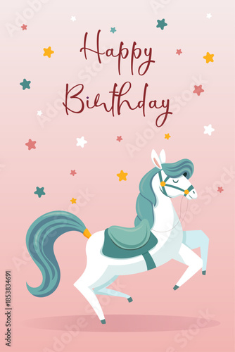Happy birthday greeting card with fairy tale horse and pastel stars
