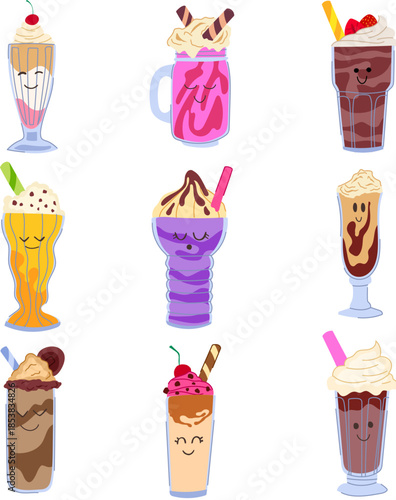 Cartoon milkshakes and smoothies with cute smiling faces, toppings, and straws, creating a charming set of sweet desserts and cold beverages in an adorable style